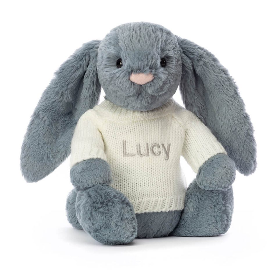Bashful Dusky Blue Bunny with Personalised Cream Jumper